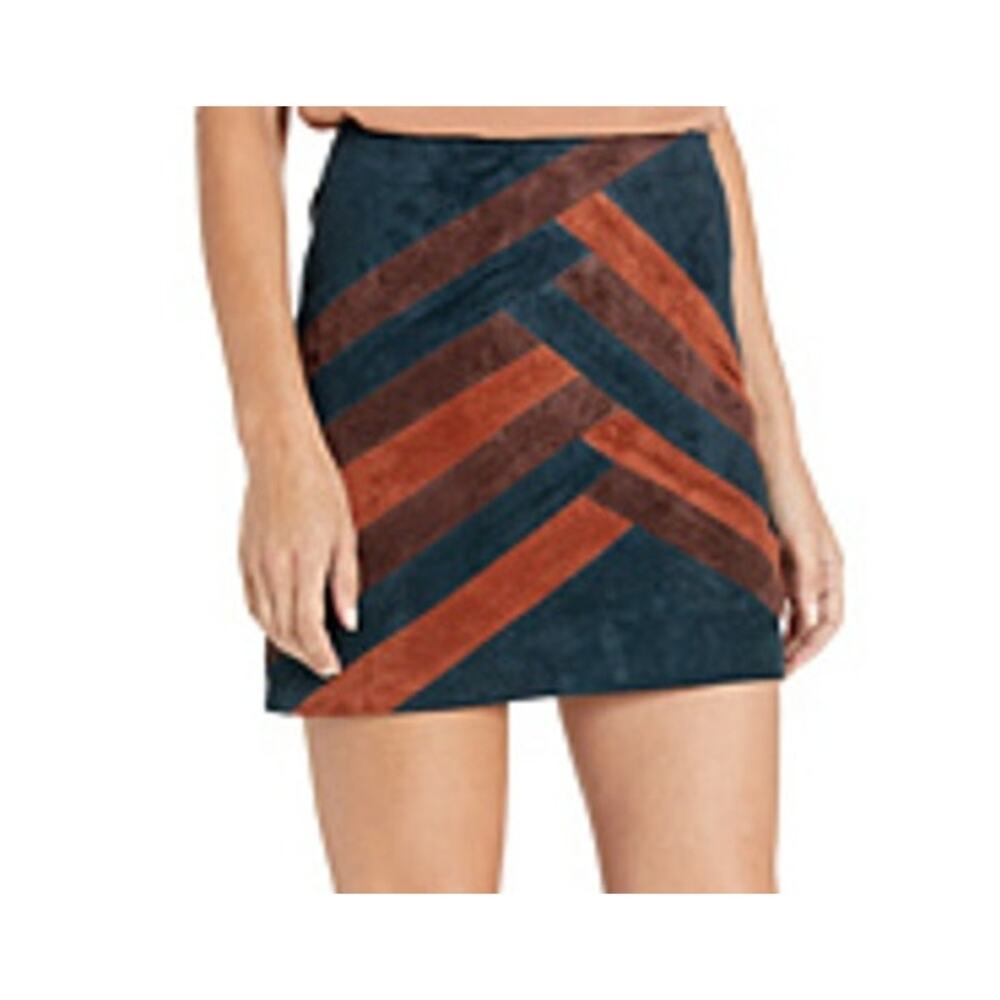 Blank NYC Chevron Patchwork Suede Leather Mini Skirt Navy Blue Orange 27
